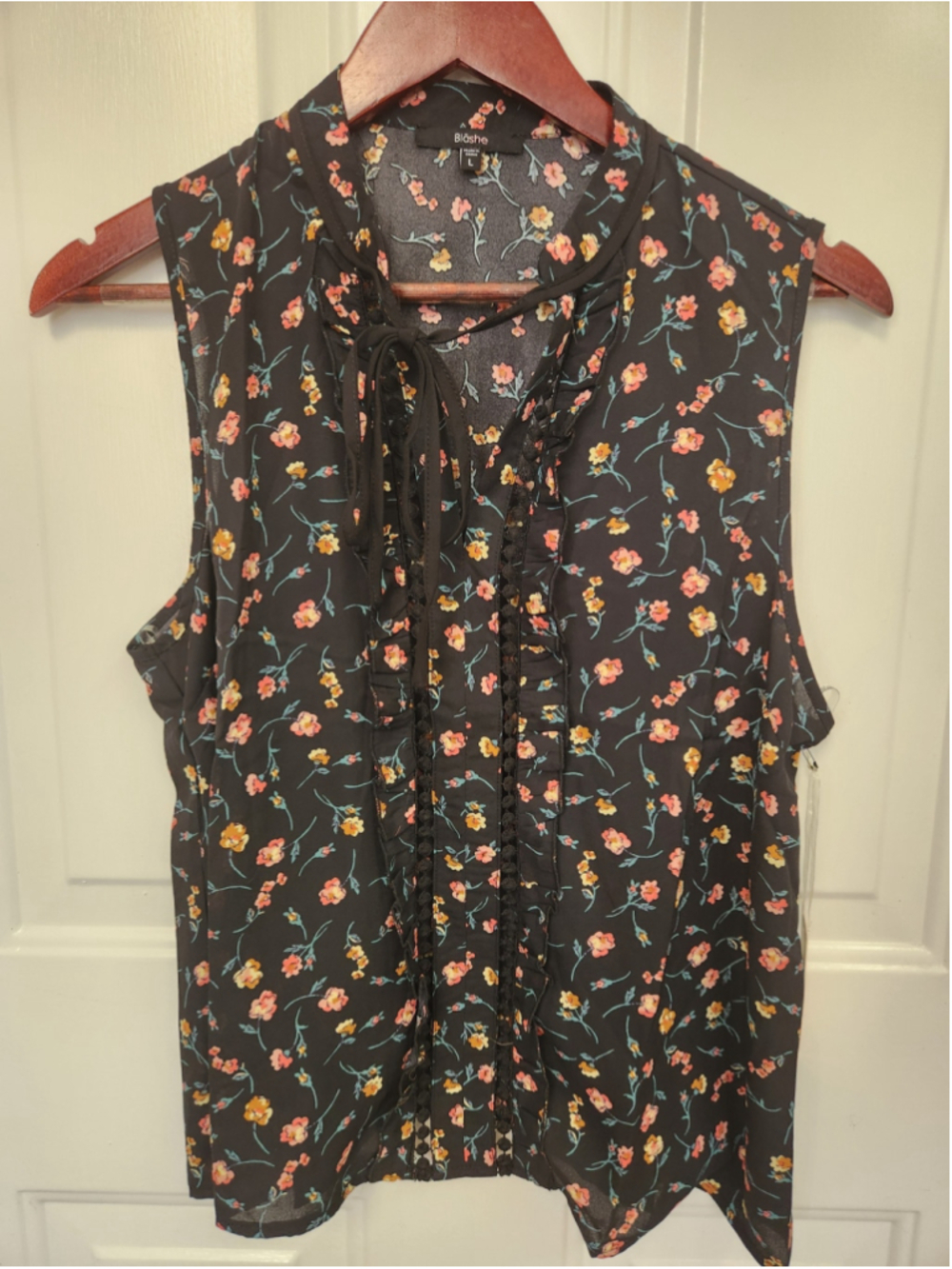 Blashe Floral Sleeveless Blouse, Size L, Black and Pink